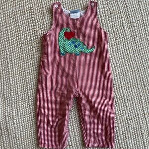 Classic Whimsy Red Gingham Overalls with Heart Dinosaur